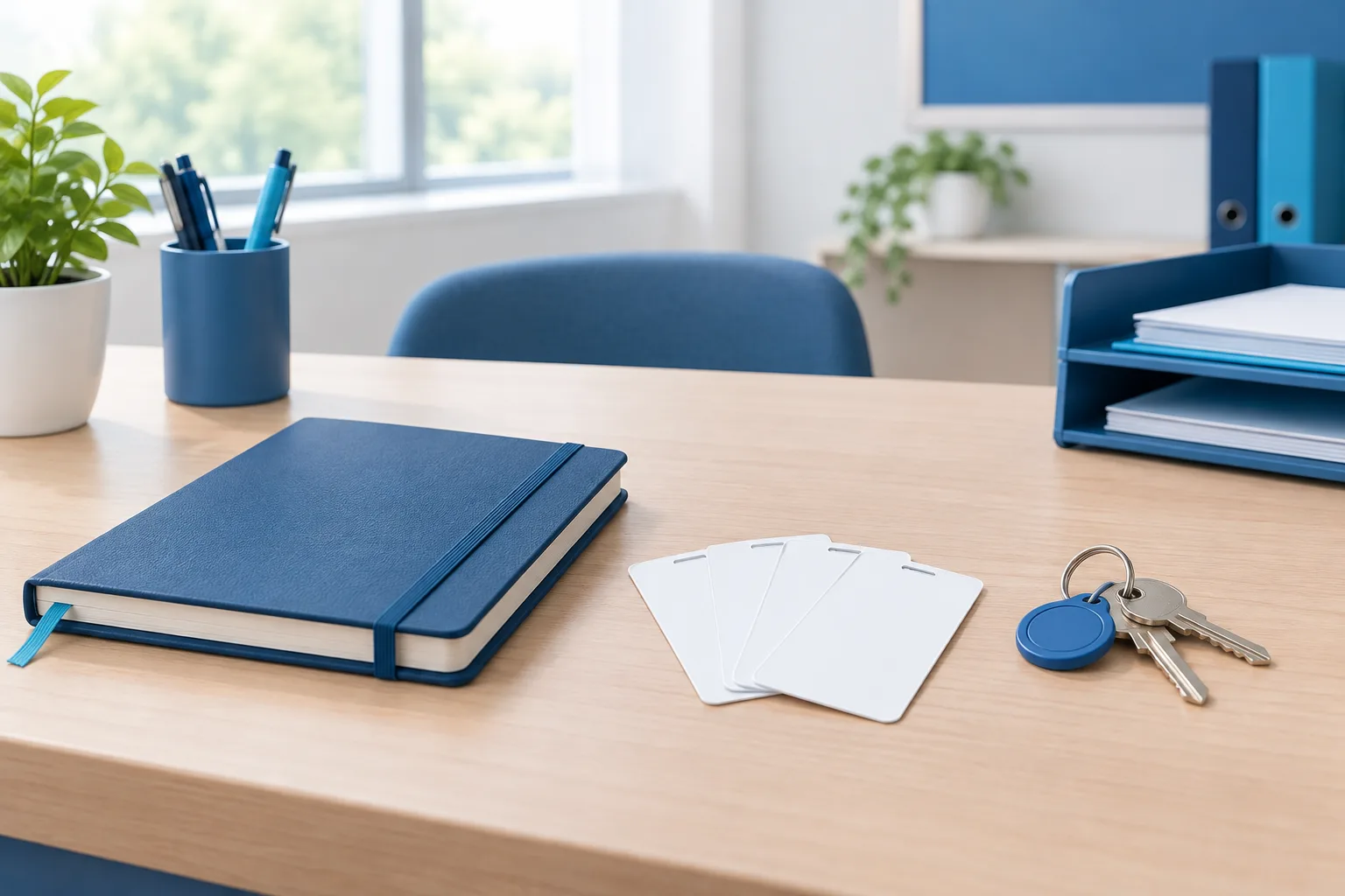 A tidy school office desk with a notebook and organized access cards.