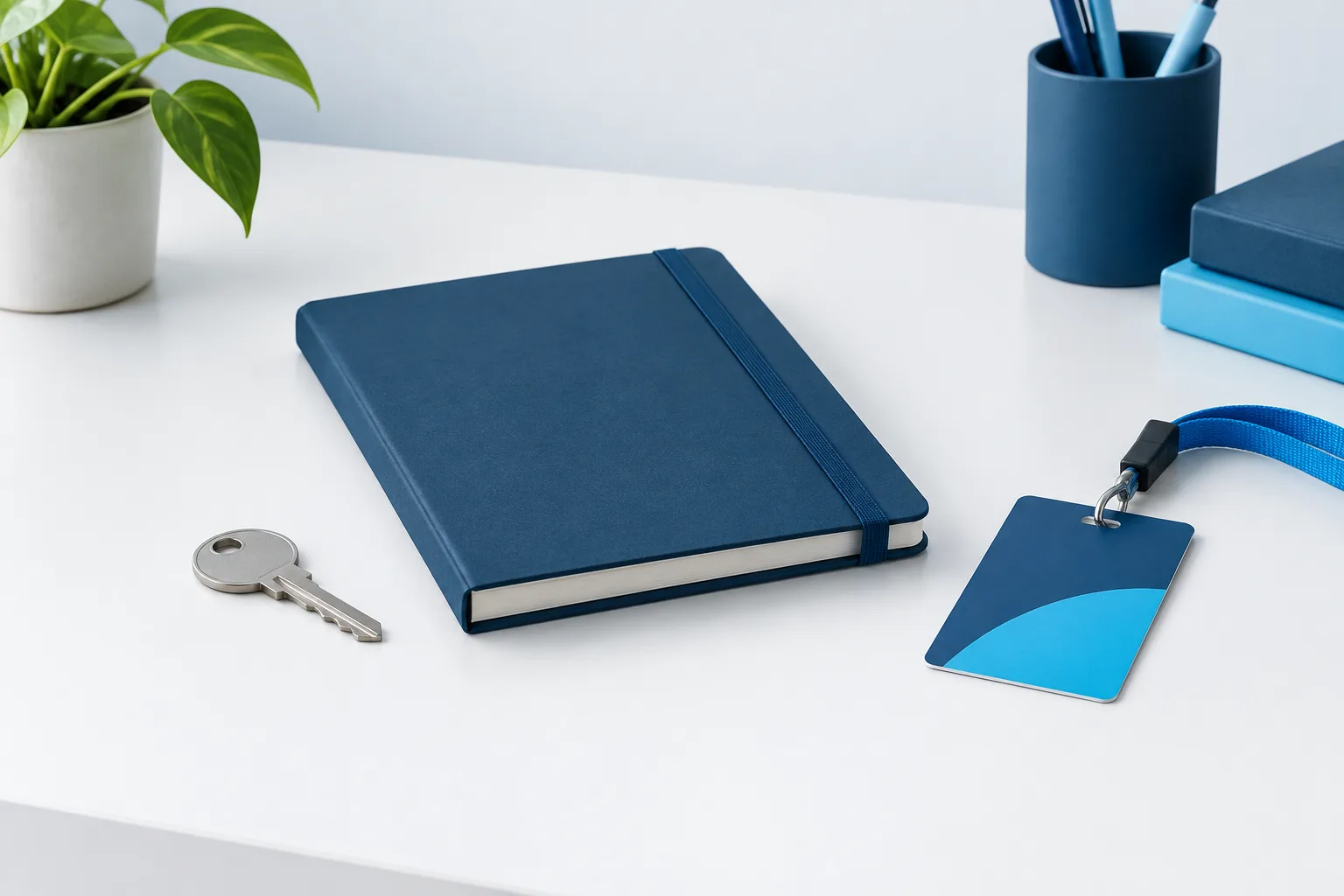 A key, closed notebook, and classroom keycard arranged on a desk.
