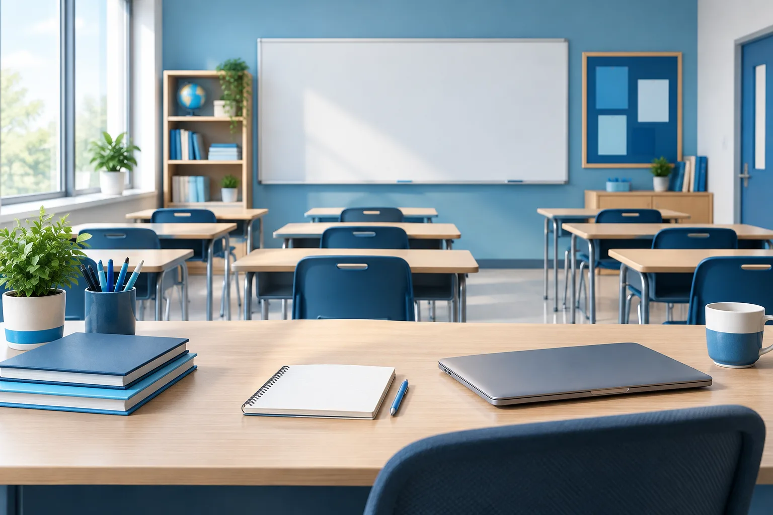 An empty classroom desk prepared with lesson materials and a closed laptop.
